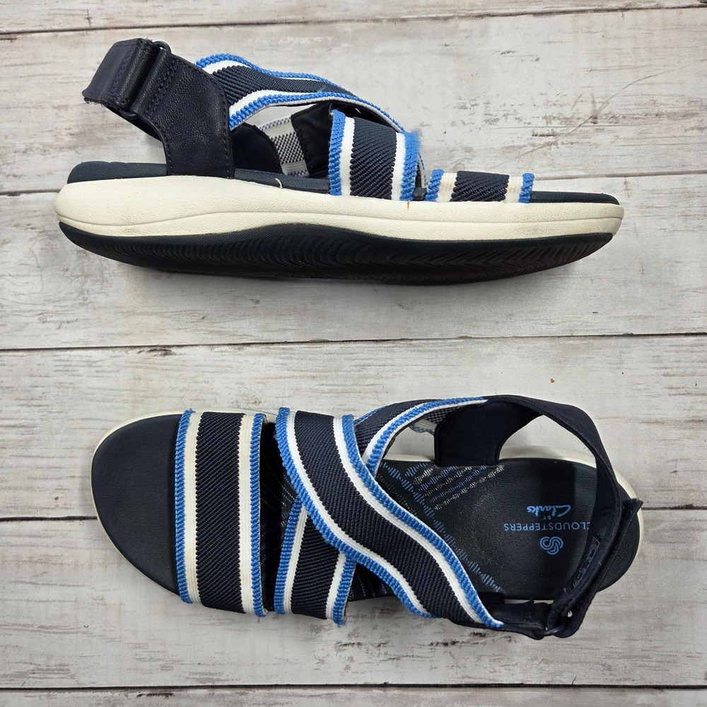 Clarks Cloudsteppers Mira Lily Sandal Women 9 Navy Blue White Striped Slingback